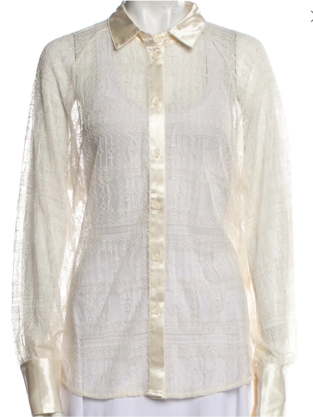 Jason Wu Shirt Womens XS Cream Ivory Lace Sheer Button Up Blouse Satin Trim
